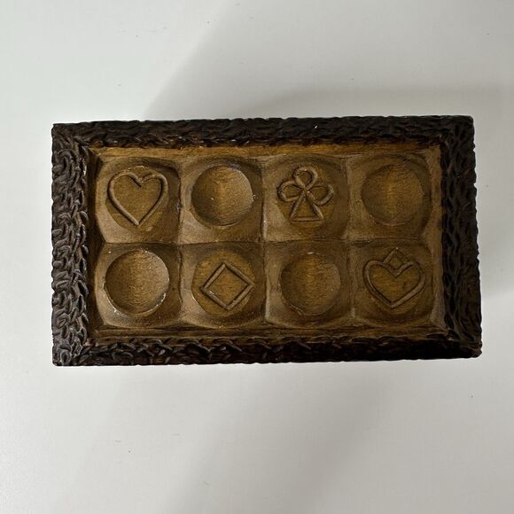 Vtg Wooden Carved 2 Deck Playing Card Box Hinged Heart Diamond Spade Club MCM - Picture 6 of 16